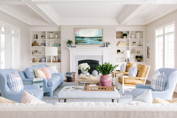 Cottage Living Room With Blue Chairs