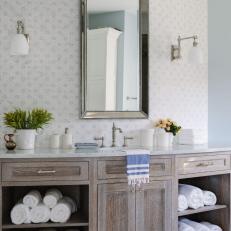 Gray Cottage Bathroom With Rolled Towels