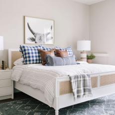 Neutral Transitional Bedroom With Blue Check Pillows