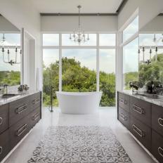 Double Vanity Bathroom With Gray Rug