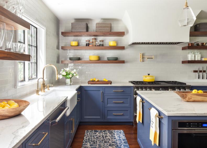 Gourmet Stove, Wood Shelves and Brass Fixtures