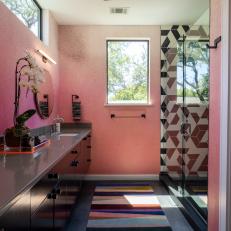 Bold Double Vanity Bathroom Features Ombre Wallpaper and Black and White Tile