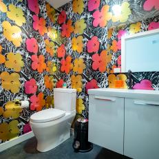 Bright Powder Room Features Floral Wallpaper and a Modern Single Vanity 