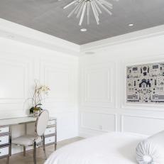 Bright Bedroom Features Millwork Accent Walls, a Gray Accent Ceiling and a Modern Desk 