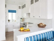 Small White Modern Kitchen, Quartz Counters, Breakfast Bench Nook