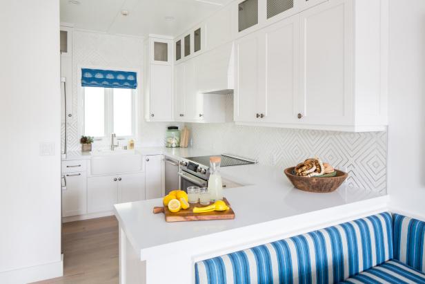 Small White Modern Kitchen, Quartz Counters, Breakfast Bench Nook