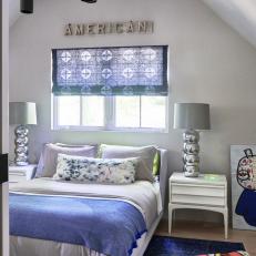 Gray and Blue Contemporary Bedroom With Skateboard