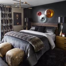 Masculine, Midcentury Bedroom With Black Accent Wall