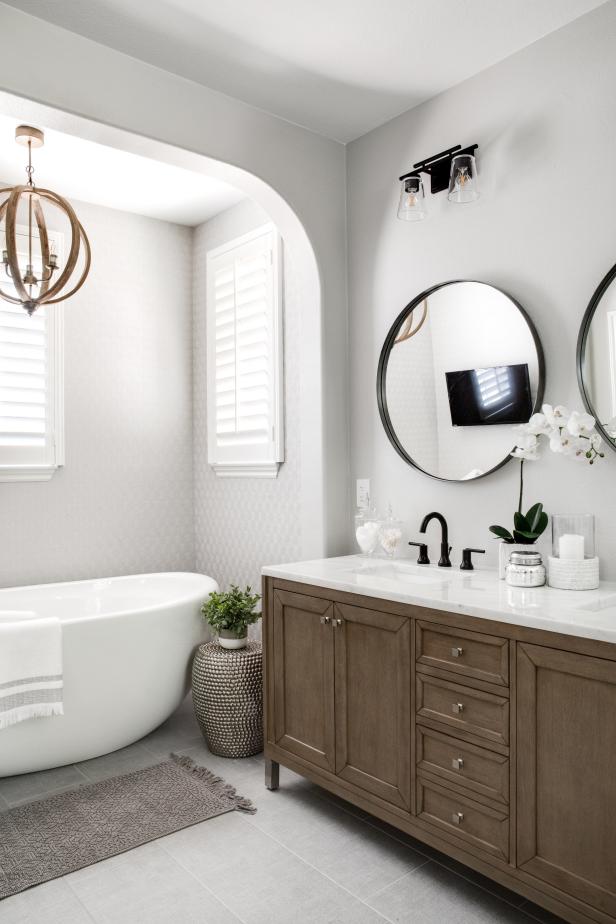 Sail Into Calm on Warm Driftwood Details in Enchanting Primary Bathroom ...