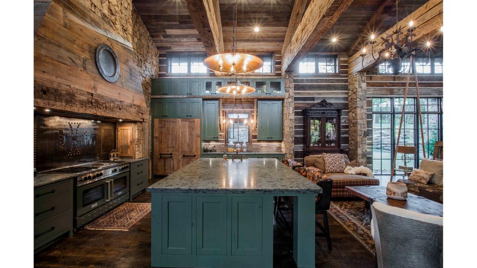 Rustic Open Plan Kitchen With Green Island Rustic Open Plan Kitchen With Green, Rustic Green Kitchen Cabinets