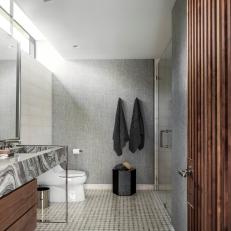 Crisp Neutrals and Warm Wood for Modern Bathroom