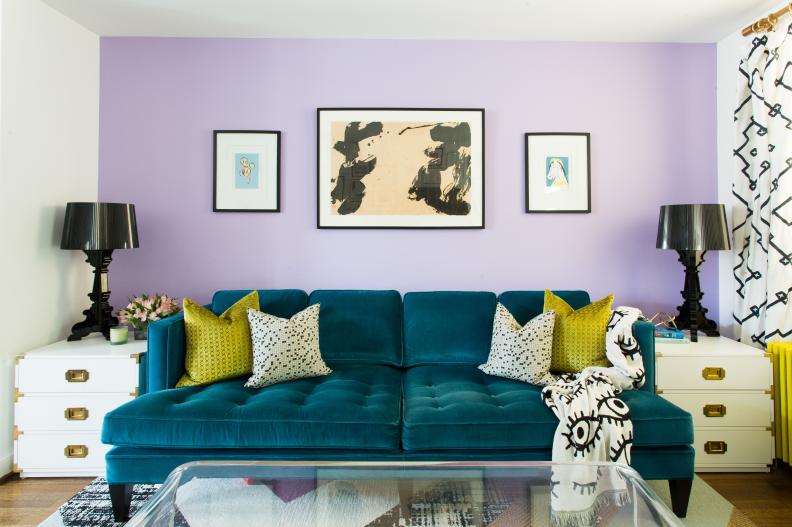 Purple Accent Wall in Living Room, Velvet Green Sofa, Matching Tables