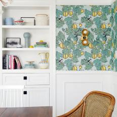 Fun Jungle Print Wallpaper and Satin Brass Wall Sconces Ideal Pairing for Dining Room