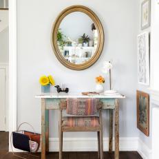 Distressed Schoolhouse Desk Creates Attractive Work Corner in Living Room