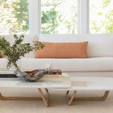 Bright Living Room With Large Windows Features an Upholstered Sofa and a Midcentury Modern Coffee Table