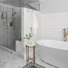 Primary Bathroom Offers Spa Treatment With Walk-In Shower and Freestanding Tub