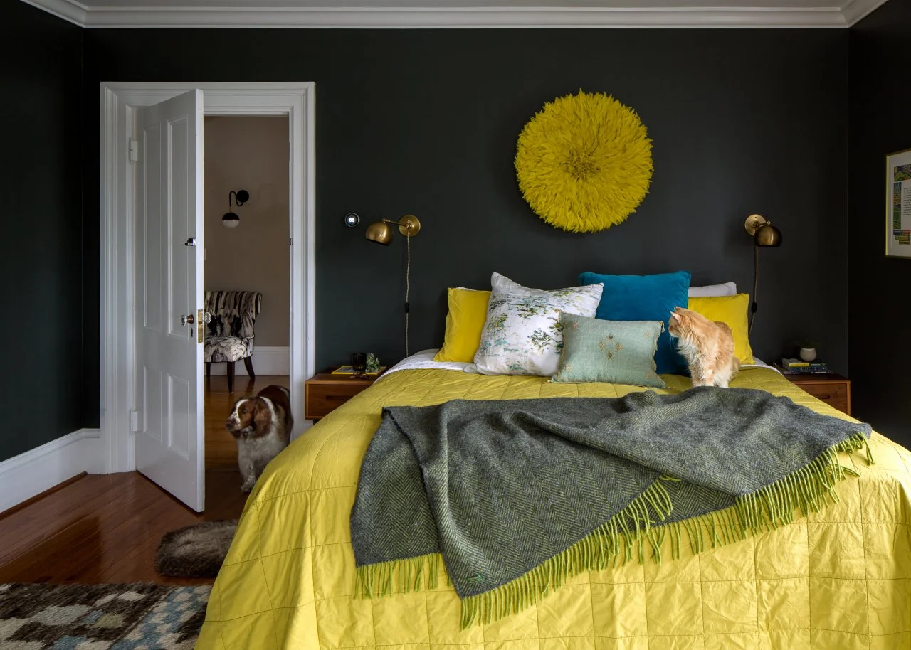 Mustard yellow and grey bedroom 2025
