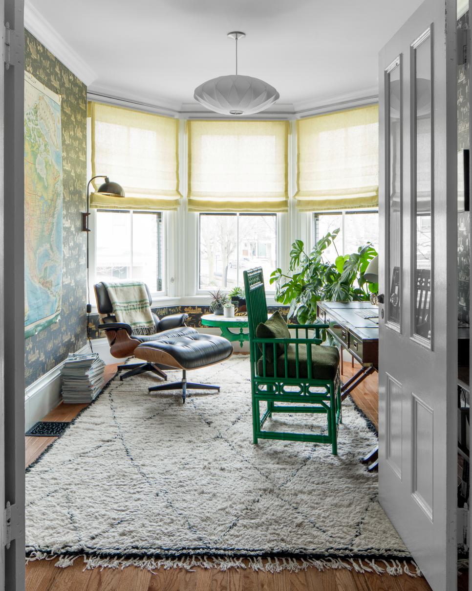 Bright Home Office Features Bay Windows A Wallpaper Accent Wall And A Patterned Shag Rug Hgtv Find over 100+ of the best free office images. bright home office features bay windows