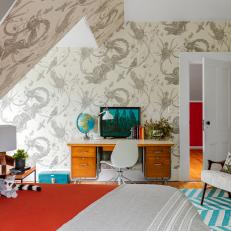 Eclectic Bedroom Features Vaulted Ceilings and a Neutral Patterned Wallpaper