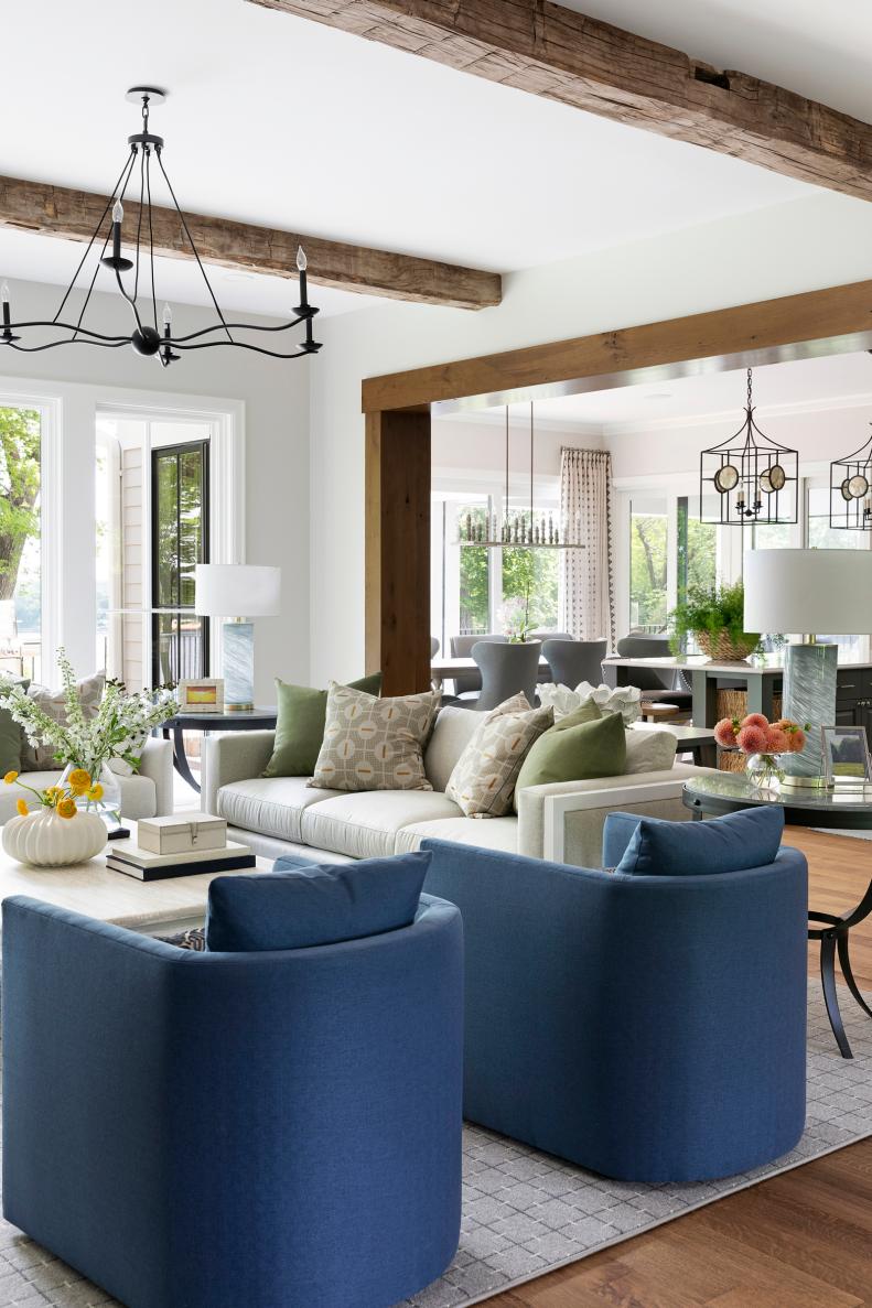 Open Plan Living and Dining, Exposed Beams to Divide, Iron Chandeliers