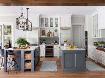 Double Islands and Pendant Lights in Big Transitional Kitchen