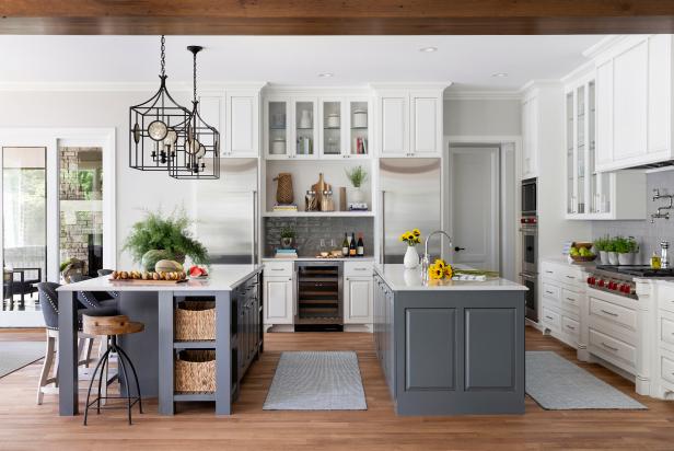 Double Islands and Pendant Lights in Big Transitional Kitchen