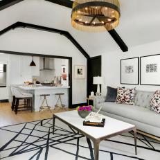 Tudor Ceiling Beams Make Statement in Black in Bright White Living Room Redesign