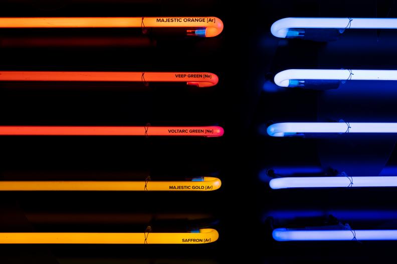 Colorful Wall of Neon Tubes in Oranges and Blue Tones