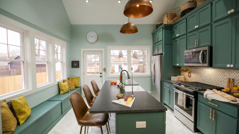 From 'Good Bones,' season 5. Designer Mina Starsiak and her mom Karen updated this kitchen as part of a challenging renovation on a Cincinnati bungalow. A simple window seat is a perfect addition for casual seating and kitchen entertaining.