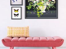 Flowers, leaves and butterflies get fancy! The trick to making this mix of art live so nicely together: contrasting black-and-white backgrounds and just one style of frames. A mod bench, with a color cue taken from what’s on the wall, adds the fab.