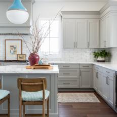 Gray Transitional Kitchen With Blue Pendant Light