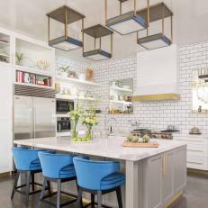 Contemporary Kitchen with Blue Velvet Chairs