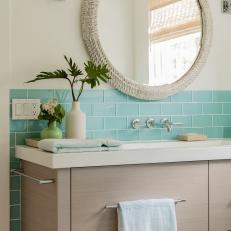 Blue Coastal Bathroom With Green Vase