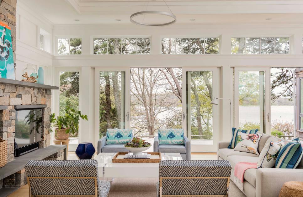 Coastal Contemporary Living Room With Blue Pillows