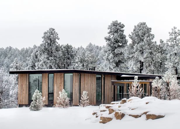 Snowy Modern Mountain Home, Floor to Ceiling Windows, Towering Trees