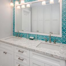 Double Vanity Bathroom With Blue Backsplash