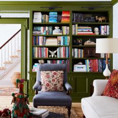 Green Bookshelves in Sitting Area