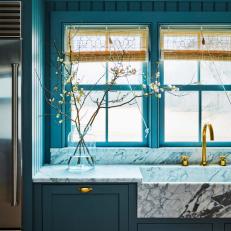 Blue Country Kitchen With Marble Sink