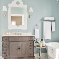 Gray Bathroom With Silver Table