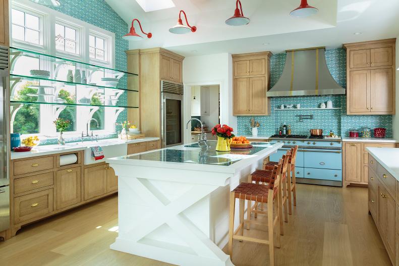 Blue Kitchen With Red Sconces