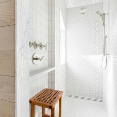 White Walk-In Shower With Wood Stool