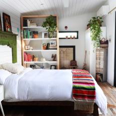 Boho Bedroom With Green Mantle Headboard