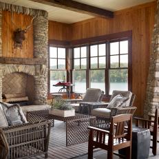 Living Area With Lake Views and Stone Fireplace