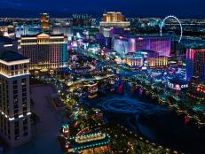 Las Vegas Strip Aerial View at Night, View of Glowing Electric Signs