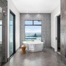 Gray Spa Bathroom With Fireplace