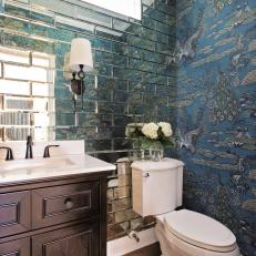 Powder Room With Peacock Wallpaper