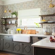 Gray Mediterranean Kitchen With Tile Walls