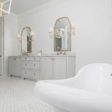 Spacious White Bathroom With Double Slipper Bathtub