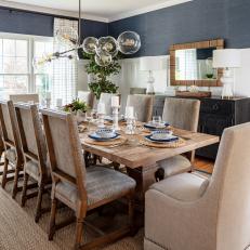 Coastal Dining Room With Blue Grasscloth