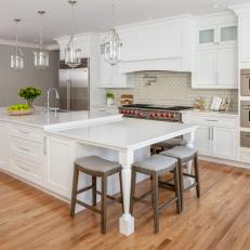 White Transitional Kitchen With Island Table